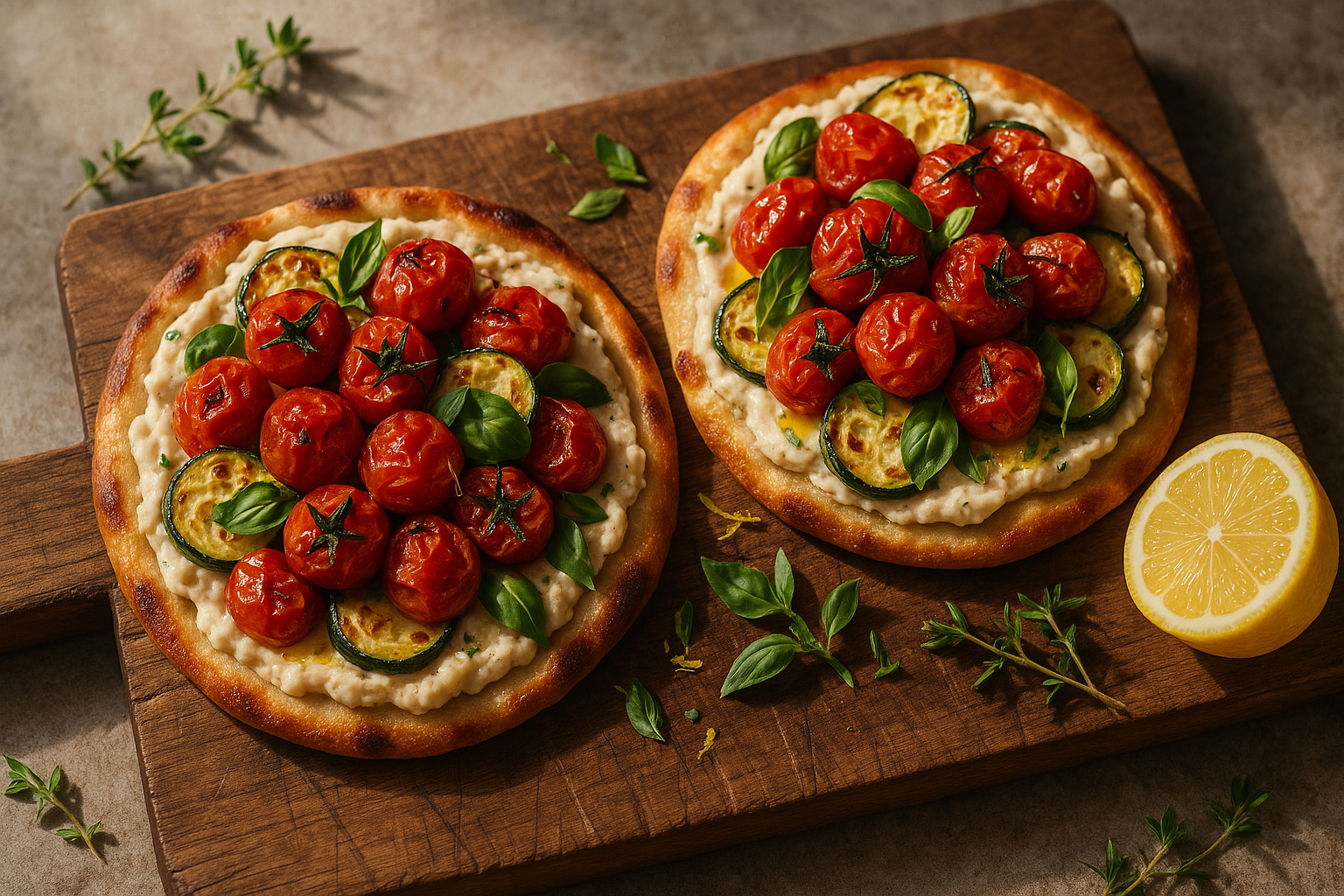 Garden Harvest Flatbread with Roasted Tomatoes, Zucchini & Herbed White Bean Spread