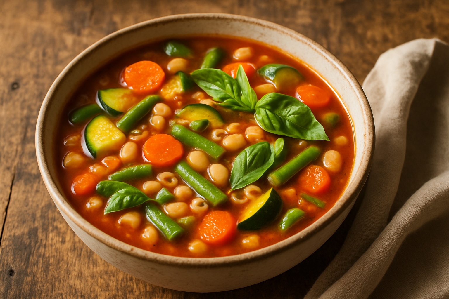 Garden Minestrone with Green Beans, Zucchini & Fresh Basil