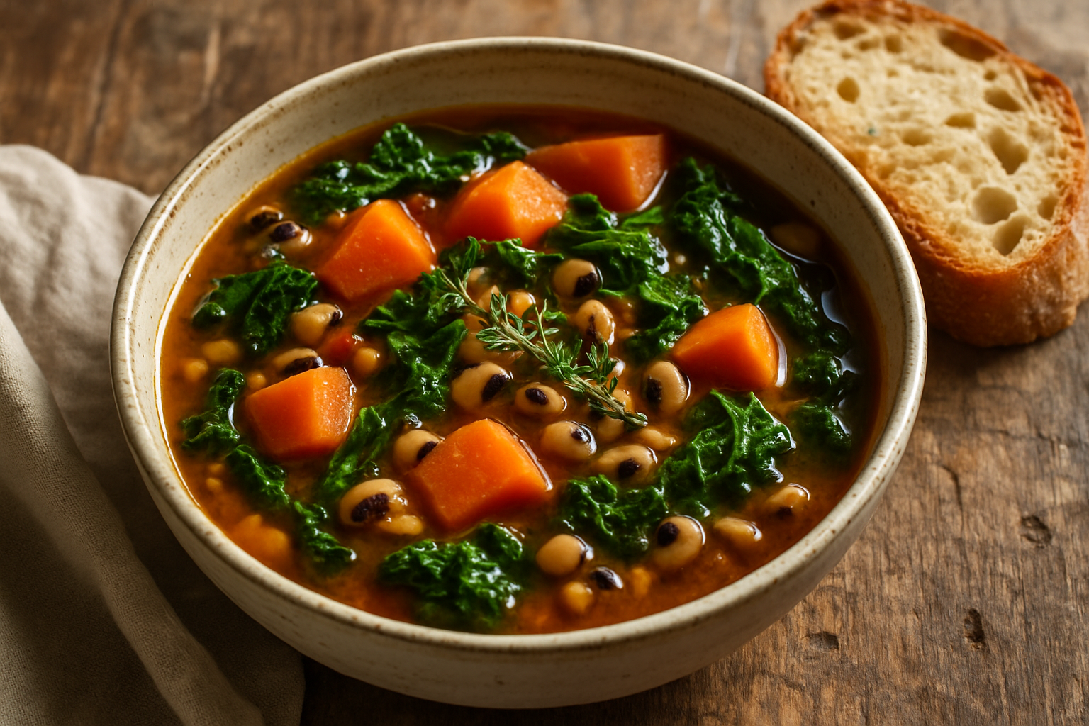 Smoky Black-Eyed Pea & Sweet Potato Soup with Garden Kale