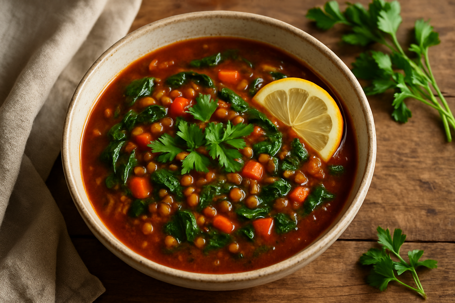 Smoky Garden Tomato & Lentil Soup with Wilted Greens