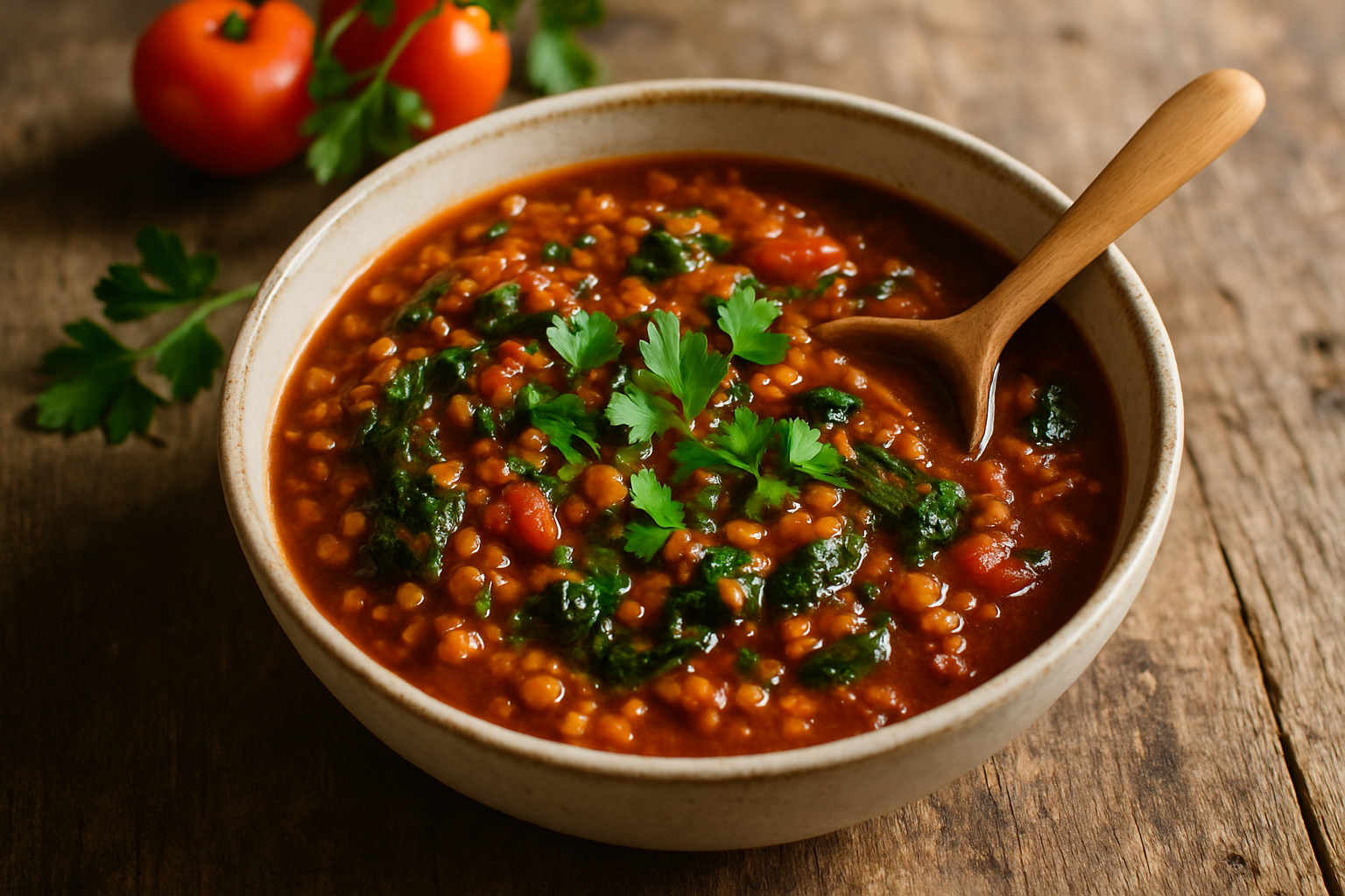 Smoky Garden Tomato & Lentil Stew with Wilted Greens