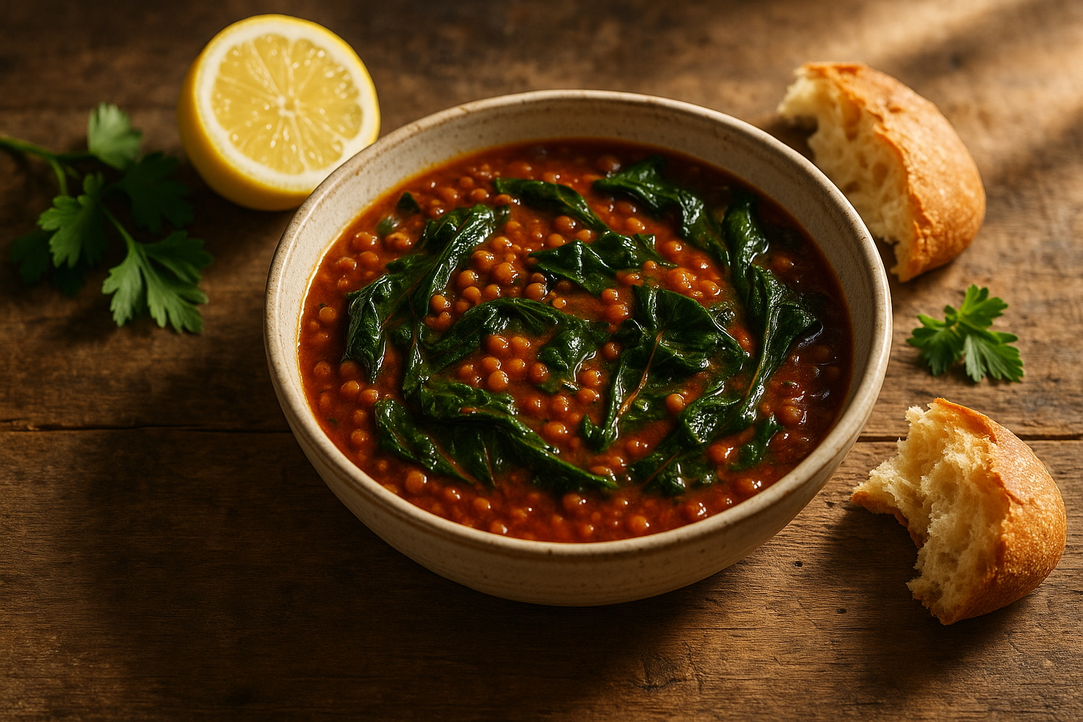 Smoky Garden Tomato & Lentil Stew with Wilted Greens